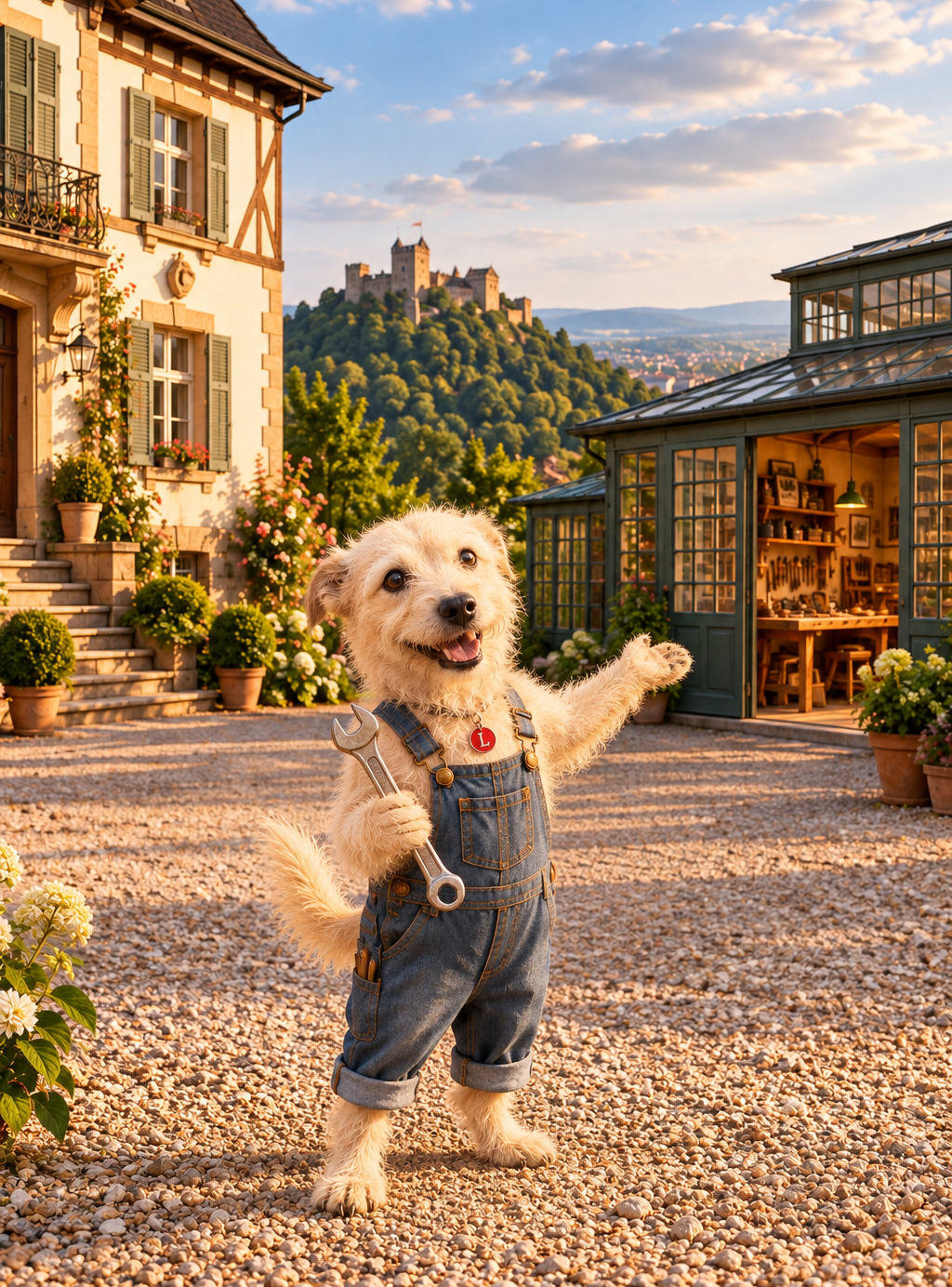 Hund Levi präsentiert sein Haus und seine Werkstatt in Baden-Baden